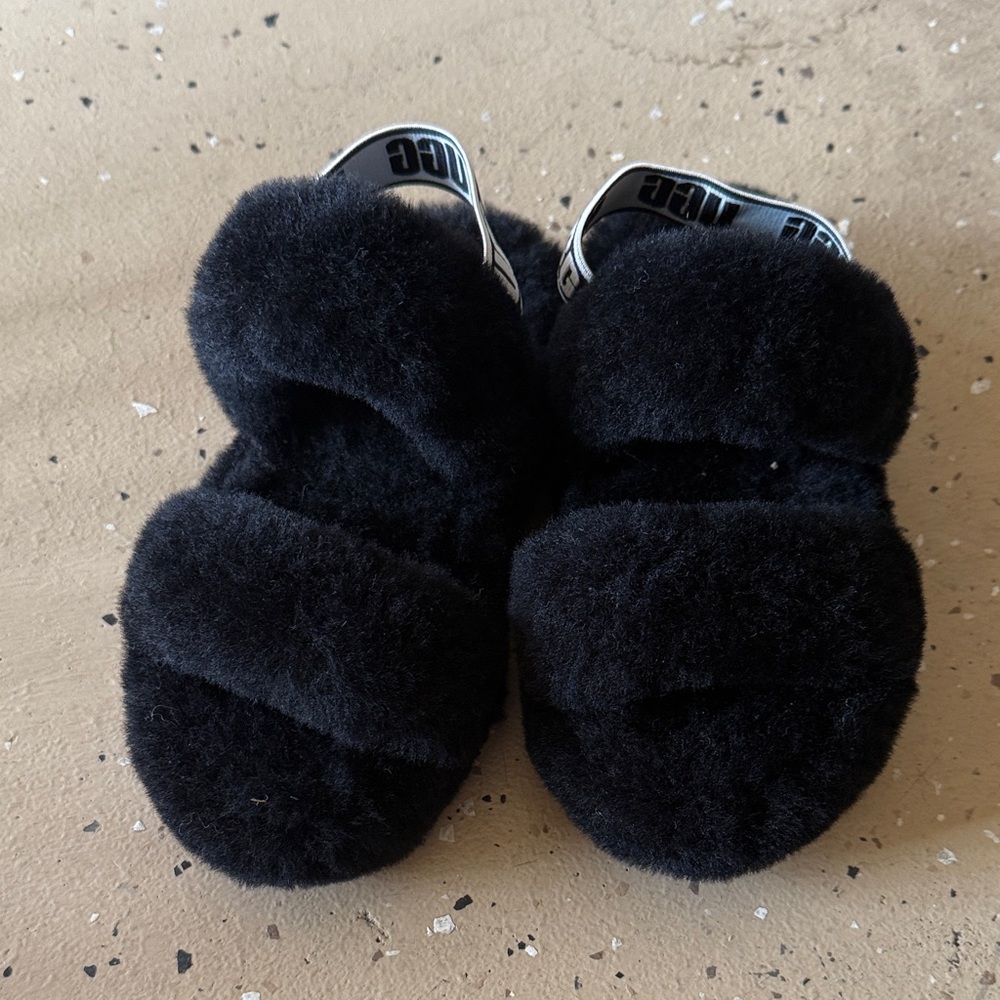 UGG Kids Black Fluffy Slippers